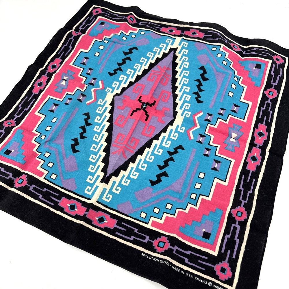 Vtg Southwestern Biker BANDANA Hanky Black Pink Teal Wamcraft Western